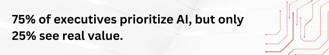 Illustration of a banner showing the metric: '75% of executives prioritize AI, but only 25% see real value,' highlighting the gap between AI adoption and measurable outcomes.